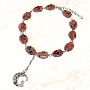 Genuine Black Pink Rhodonite Short Lariat Necklace, Gemstone & Cat on the Moon